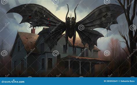 Mothman Over the Small American Town. Illustration Based on the Urban Legend of Point Pleasant ...