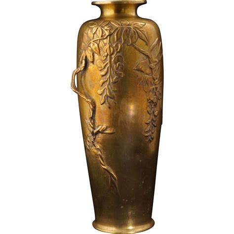 Meiji Japanese bronze 10 ¾” tall vase with three dimensional wisteria and bird circa 1900 $200 ...