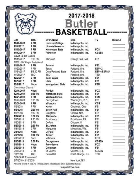 Printable 2017-2018 Butler Bulldogs Basketball Schedule