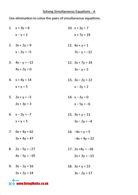 Solving Simultaneous Equations Using the Method of Elimination - Free ...