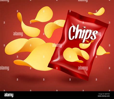 Red chips package mockup with yellow crispy snacks, advertising concept ...