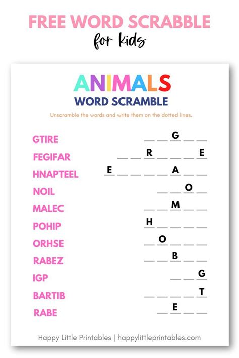 Free Printable Animals Word Scramble Games for Kids | Printable games for kids, Free printable ...