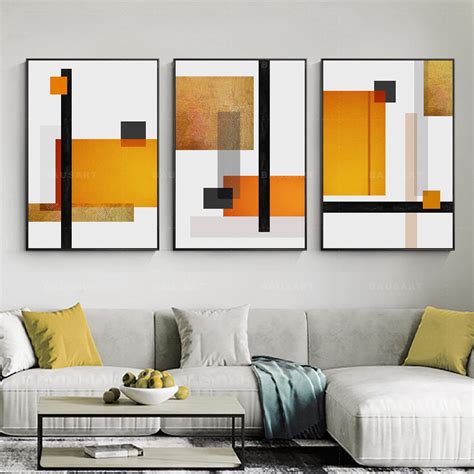 Abstract Painting Print Framed Wall Art Set of 3 Prints Abstract Geometric Gold Print on Canv ...