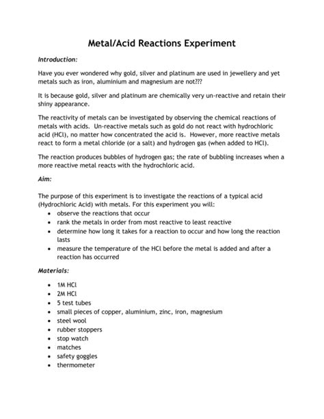 Metal/Acid Reactions Experiment