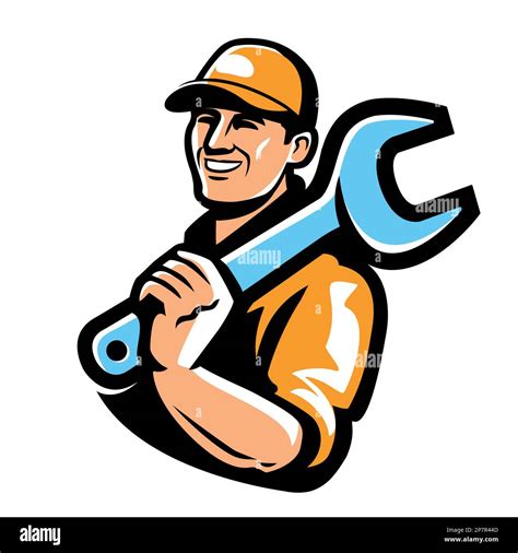 Worker with wrench tool. Engineer, technician, mechanic, builder logo ...