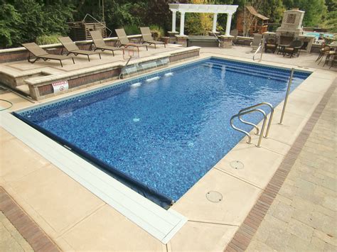 6 Inch Radius Rectangle Pool with Vinyl Over Steps, Under Coping Automatic Cover and Fountains ...