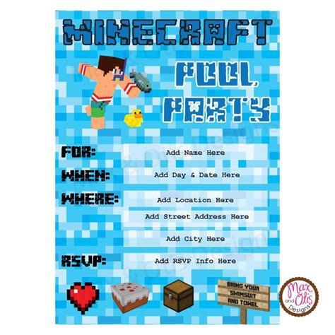 Minecraft Pool Party Invitation (editable PDF) | Pool party invitations, Pool party birthday ...