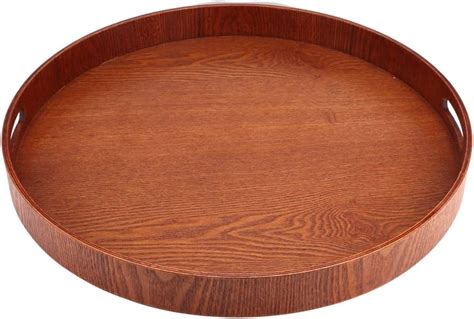 Round Food Tray, 50cm/19.7'' Large Round Serving Tray Wooden Food Tray with 2 Handle Ports ...