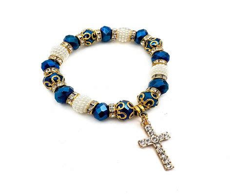 Catholic Cross Rosary Bracelet Deep Blue Crystal Beads Wrist Bangle | Nazareth Store - Holy Land ...