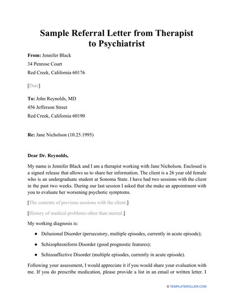 Sample Referral Letter From Therapist to Psychiatrist Download Printable PDF | Templateroller