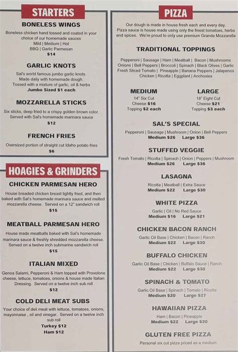 Sal's Pizzeria Menu, Cooperstown, NY