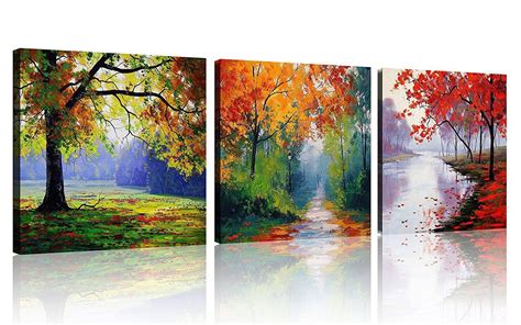 Amazon.com: 3 Panels Four Seasons Colorful Trees Wall Art on Canvas Painting with Stretched and ...