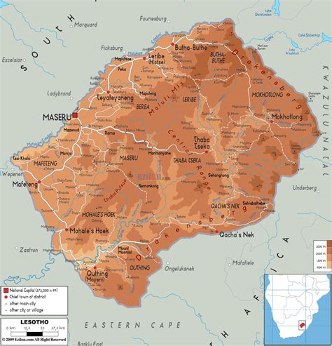 Large physical map of Lesotho with roads, cities and airports | Lesotho | Africa | Mapsland ...