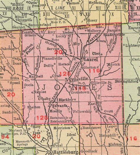 Jones County, Mississippi, 1911, Map, Rand McNally, Ellisville, Laurel ...