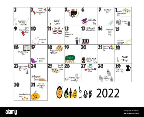 October 2022 illustrated monthly calendar of quirky holidays and ...