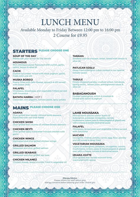 Menu at Turquoise Kitchen restaurant, Pinner