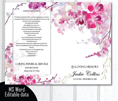 Printable Memorial Program Printable Funeral Program Template Remembrance Editable Pink Orchids ...