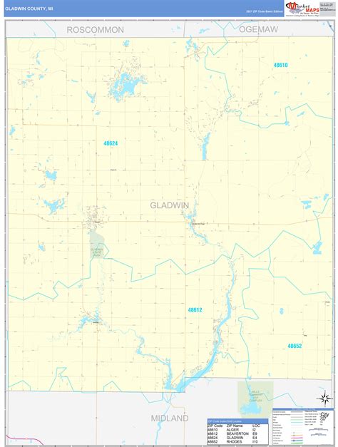 Gladwin County, MI Zip Code Wall Map Basic Style by MarketMAPS