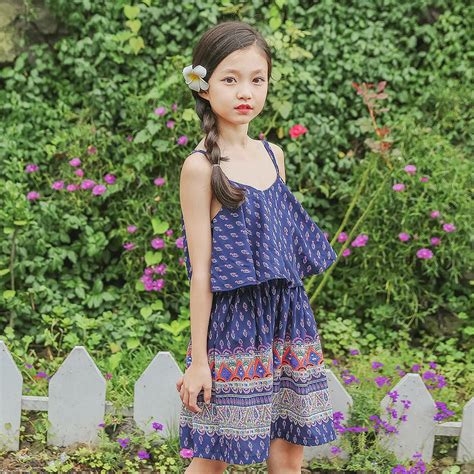 2018 Spring Summer Girls Dresses Floral Beach Dress Bohemian Navy ...