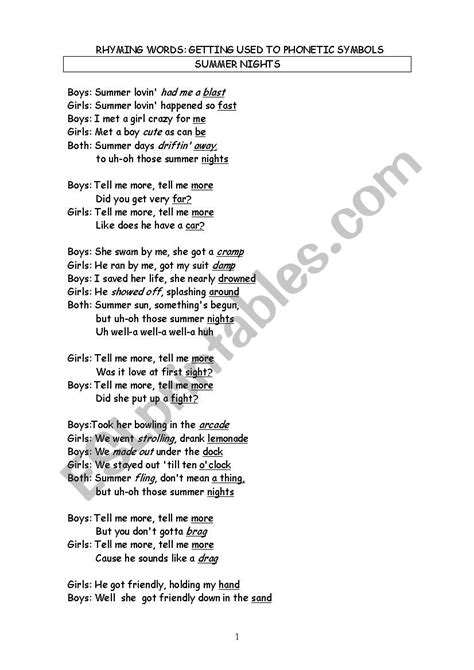 SUMMER NIGHTS SONG: RHYMING WORDS - ESL worksheet by maridi30