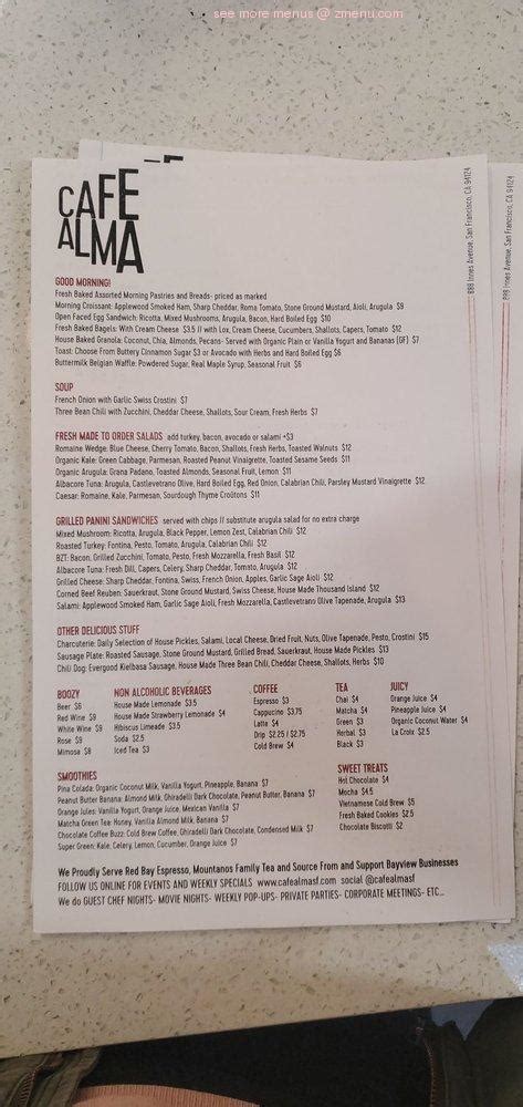 Menu at Cafe Alma, San Francisco