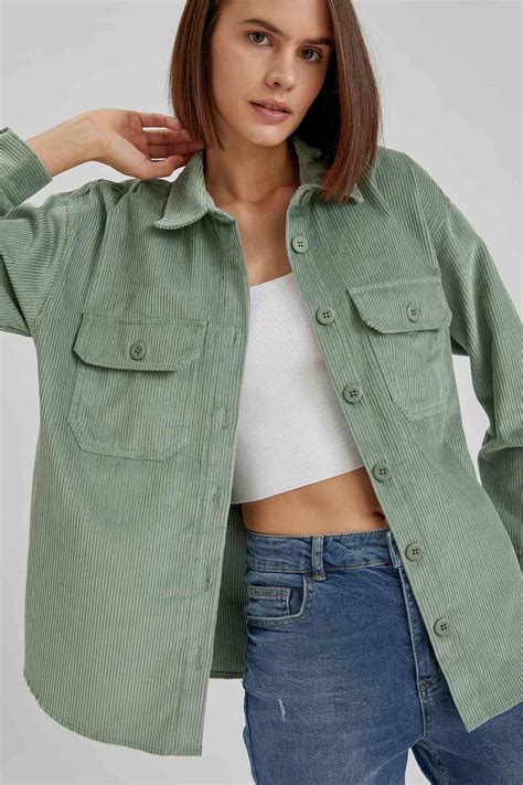 Green WOMAN Oversize Striped Velvet Shirt Jacket 1569497 | DeFacto