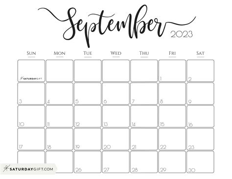 September 2023 Calendar - 9 Cute & FREE Printables | SaturdayGift