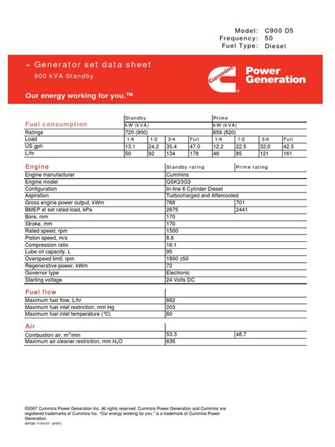 Cummins C900D5 Diesel Generator Data Sheet PDF | PDF | Diesel Engine ...