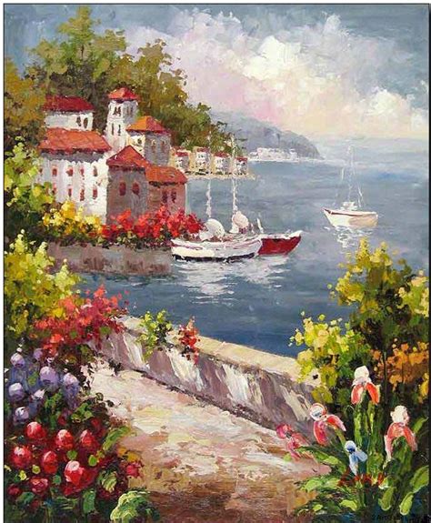 Mediterranean oil painting,Mediterranean View to the Bay