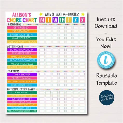 Kids Task Organizer Calendar Planner Printable Editable Template | Chore chart, Chores for kids ...