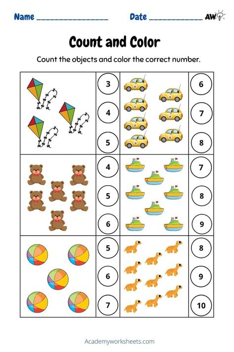 Count, match and color the number to the objects. Kindergarten Math Worksheets Addition ...