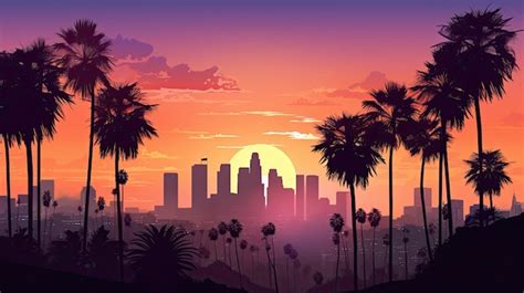 Premium AI Image | Gorgeous sunset over LA skyline with palm trees upfront