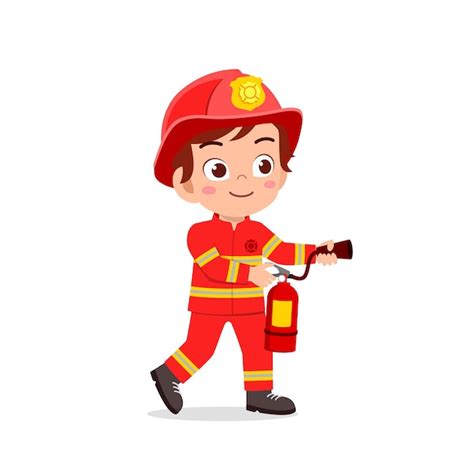 Premium Vector | Happy cute little kid wearing firefighter uniform and holding fire extinguisher