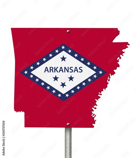 State of Arkansas road sign in the shape of the state map with the flag ...