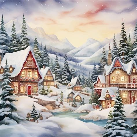 Premium AI Image | Painting of a winter village with a stream running through it generative ai