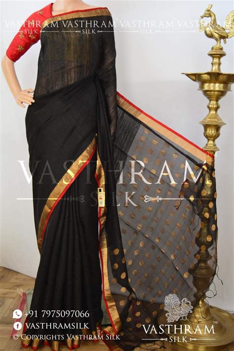 Black Pure Matka Silk Saree With Polka Design On Pallu With Silk Mark ...