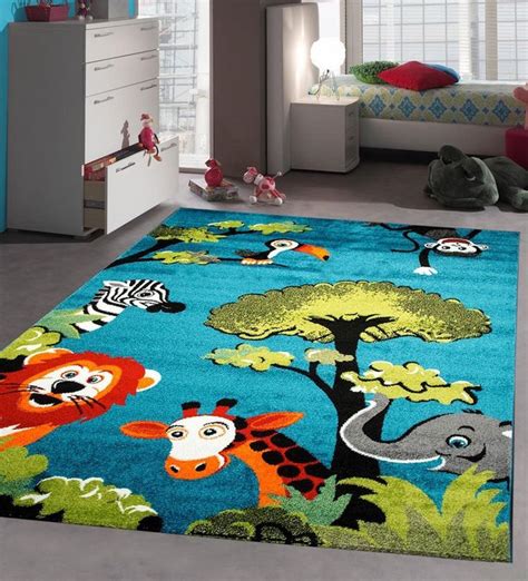 Kids Bedroom Rug Blue Green Animal Jungle Children Playroom Carpet Soft Play Mat | Kids bedroom ...