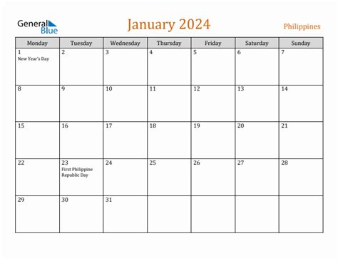 January 2024 - Philippines Monthly Calendar with Holidays