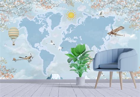 A map of the world with birds and mountains - Magic Decor