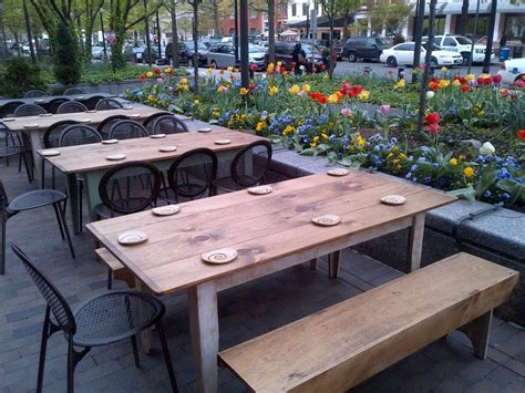 Exterior Design. Alluring Cafe Seating With Rectangle Wooden Table Combined Oak Wood Bench And ...