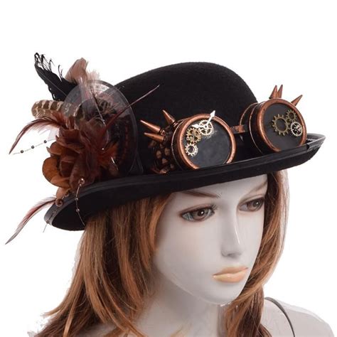 Steampunk Feathers And Goggles Bowler Hat | Steampunk top hat, Black ...