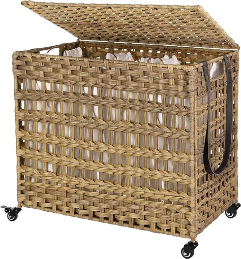 SONGMICS Handwoven Laundry Basket with Lid, Rattan-Style Laundry Hamper with 3 Separate ...