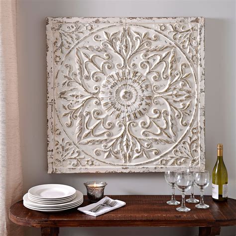 Aria Distressed Cream Embossed Metal Tile | Kirklands | Metal tree wall ...