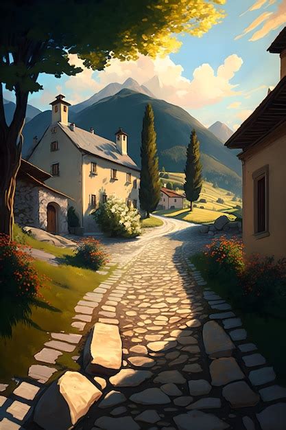 Premium Photo | Watercolor painting village road with beautiful homes, painting art