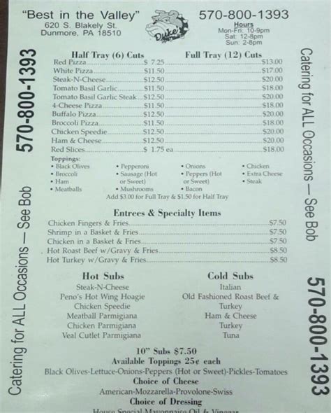 Menu at Duke's Pizza pizzeria, Dunmore