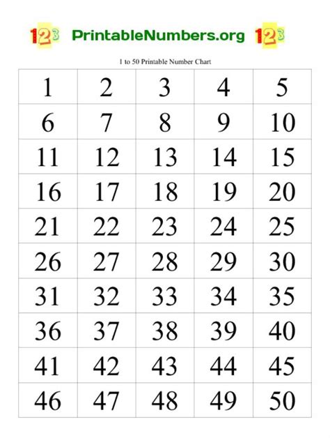 Printable Number Chart 1 50 | Printable numbers, Free printable numbers, Number chart