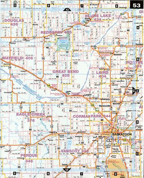 Road map Saskatoon and North Battleford city surrounding area (Saskatchewan, Canada)