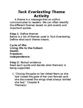 Tuck Everlasting Theme Activity by Little Reading Coach | TPT