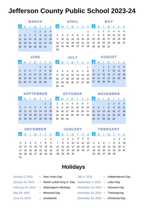 Jefferson County Public Schools Calendar 2023-24 with Holidays