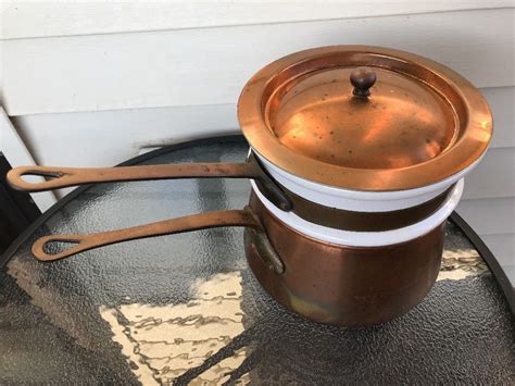 3 PC Vintage Copper Ceramic Double Boiler With Brass Handles and Lid Patina #Unbranded | Vintage ...